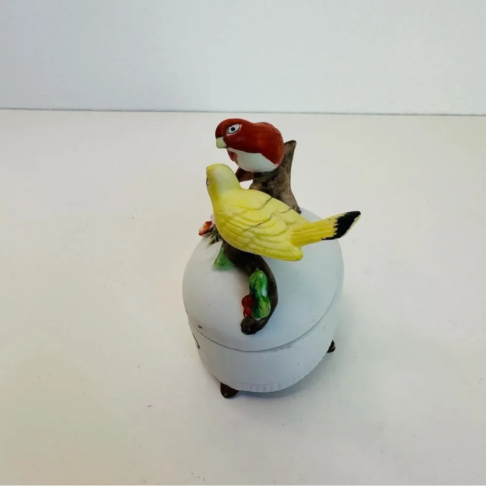 Lefton Double Bird White Porcelain Trinket Box  Red Bird Yellow Bird Flowers 4x3